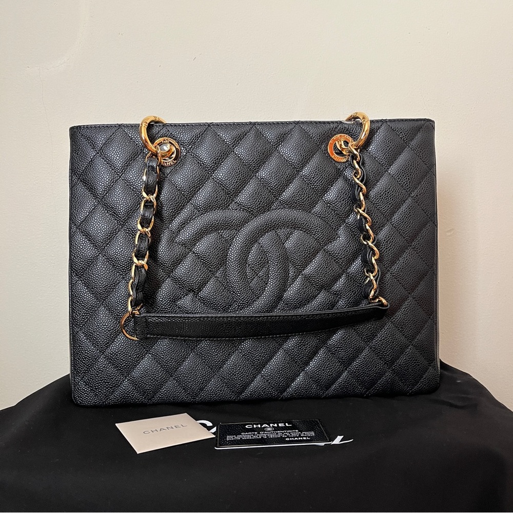 Authentic Brand New CHANEL Black Gold Caviar Leather GST Large Shopping Bag